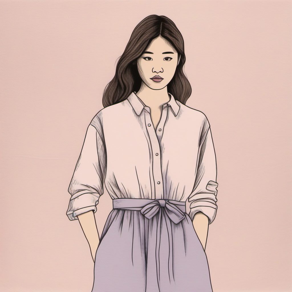 高质感AI插画：日系衬衫裙女孩粉蓝极简线稿生成