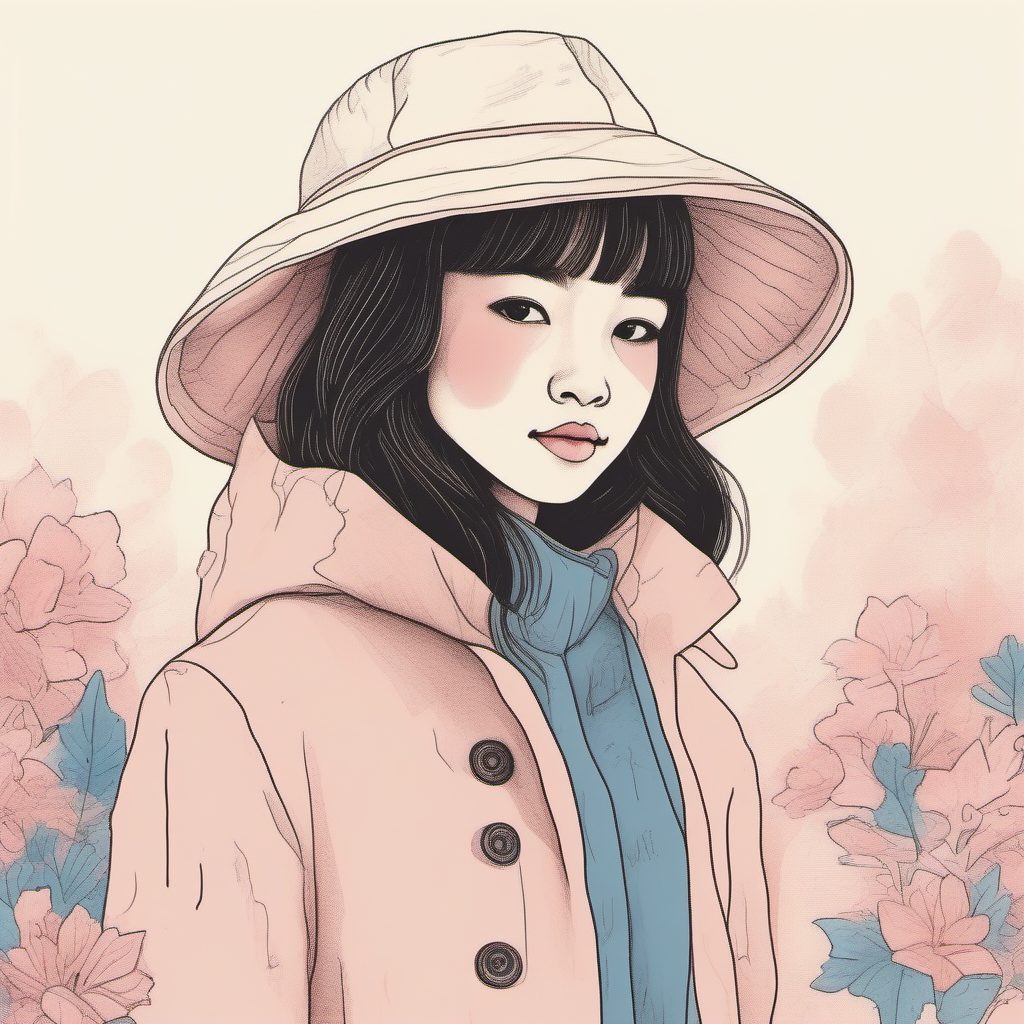 高转化AI:日系水桶帽搭配风衣的粉蓝极简线稿秘诀