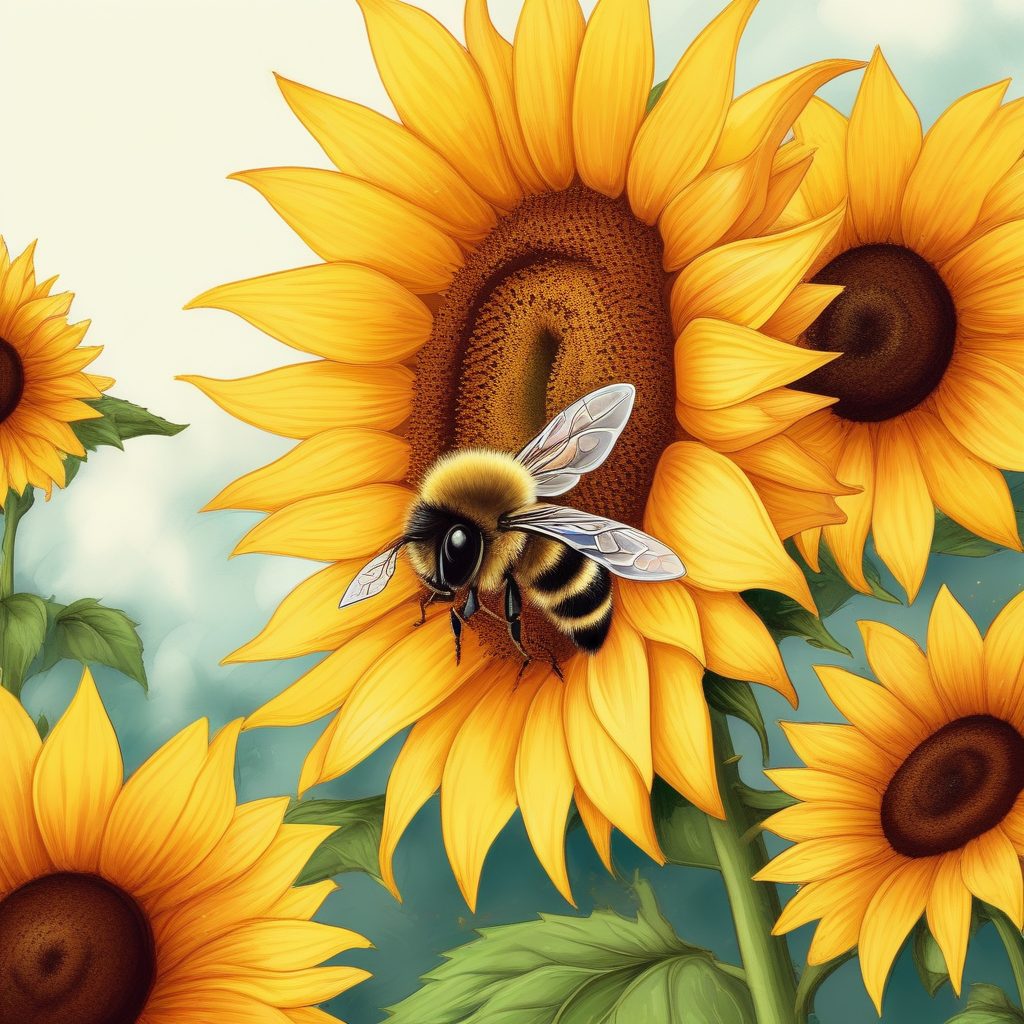高转化率AI提示词:扁平可爱小蜜蜂采蜜插画(彩铅质感)