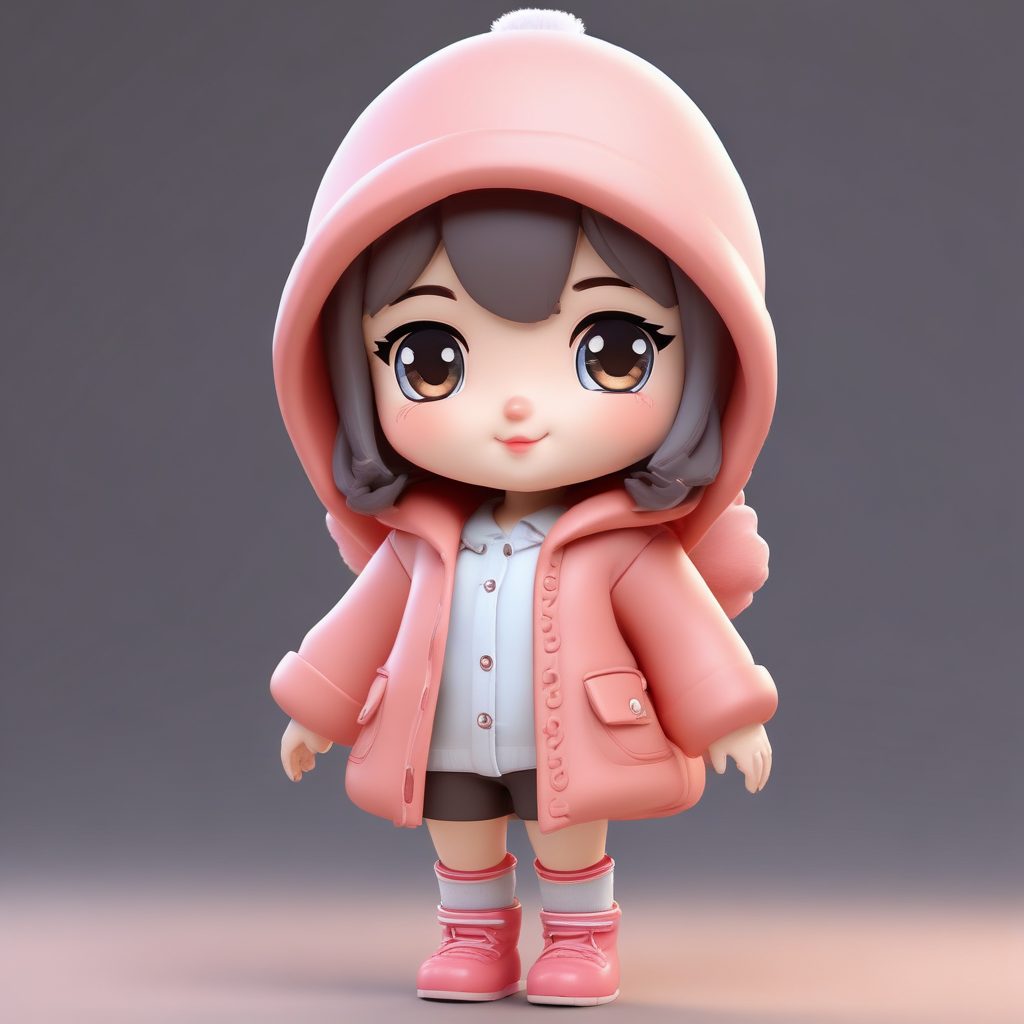 高转化率提示词：Q版女孩捧脸颊卖萌，3D粘土手办