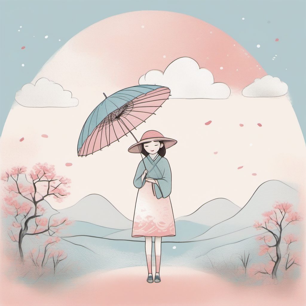 高转化秘籍:手持透明雨伞的极简线稿粉蓝系少女