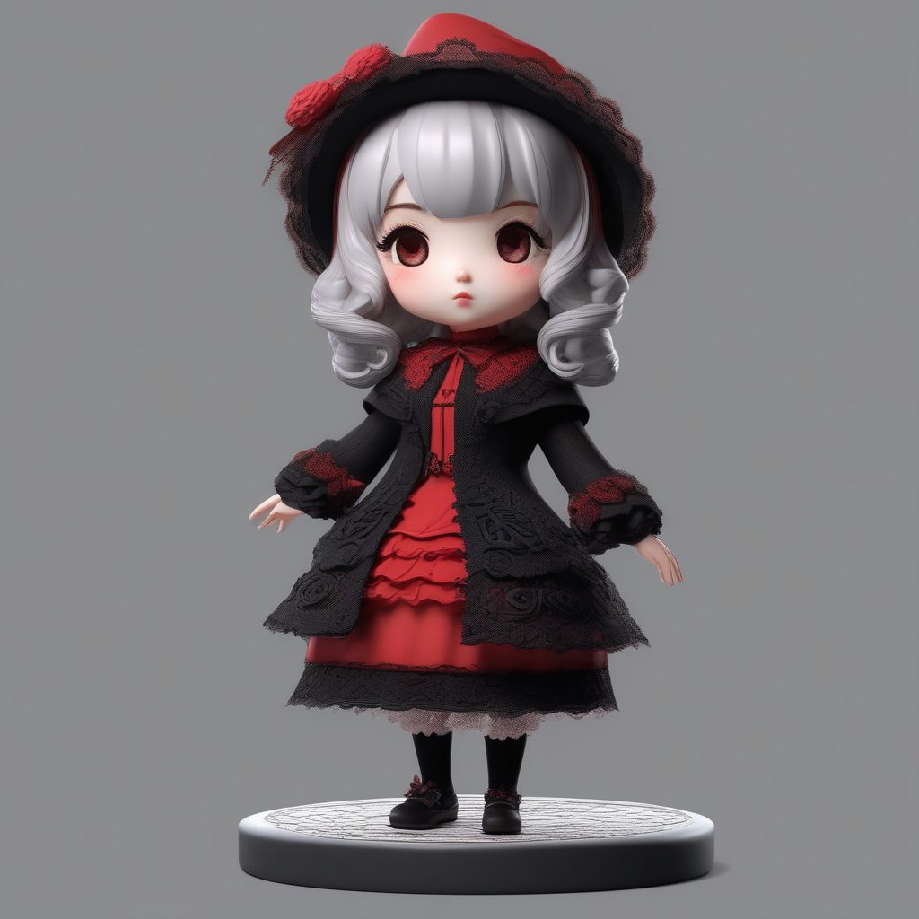 哥特风Q版洛丽塔冬日装扮:3D盲盒渲染中的严肃表情与高细节呈现