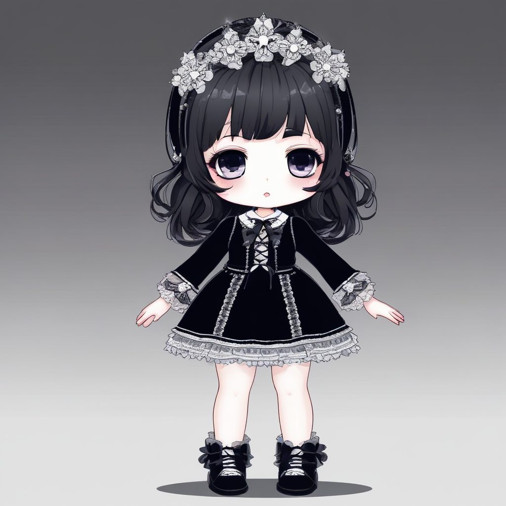 💀哥特萝莉Q版！暗黑系蕾丝裙女孩全身照，高细节AI绘画咒语