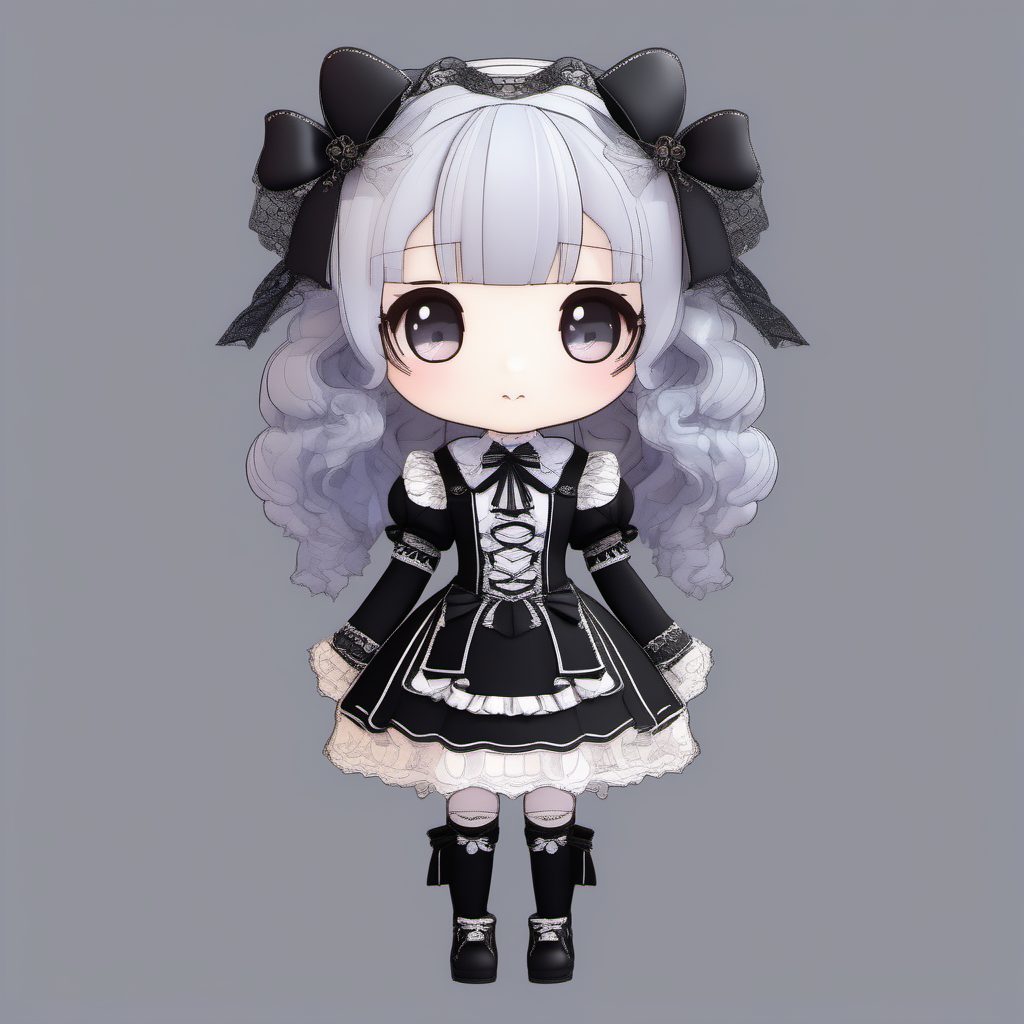 哥特洛丽塔风Q版娃娃：精致蕾丝和纯黑背景的全身视觉艺术