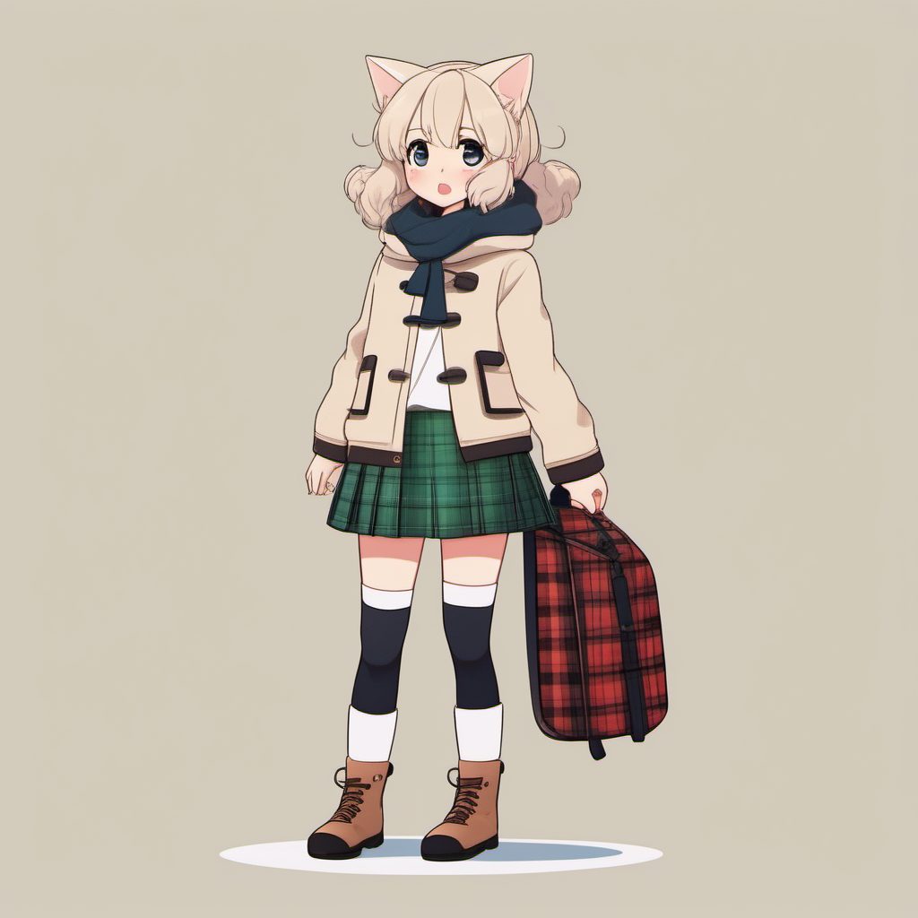 格纹短裙与厚外套：学院风猫娘冬日制服全身照提示