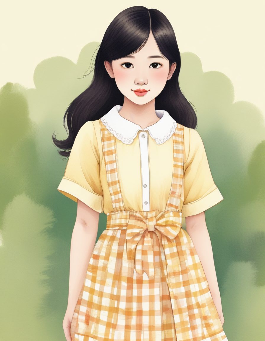 格子裙清新风：复古Gingham图案日系少女线稿纯色背景