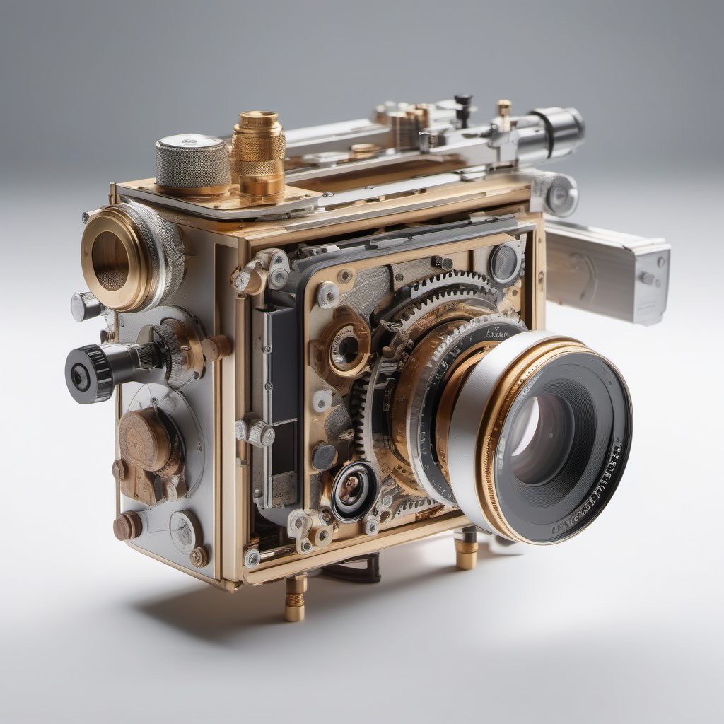 工业设计美学：复古相机分解视图4K技术摄影提示词