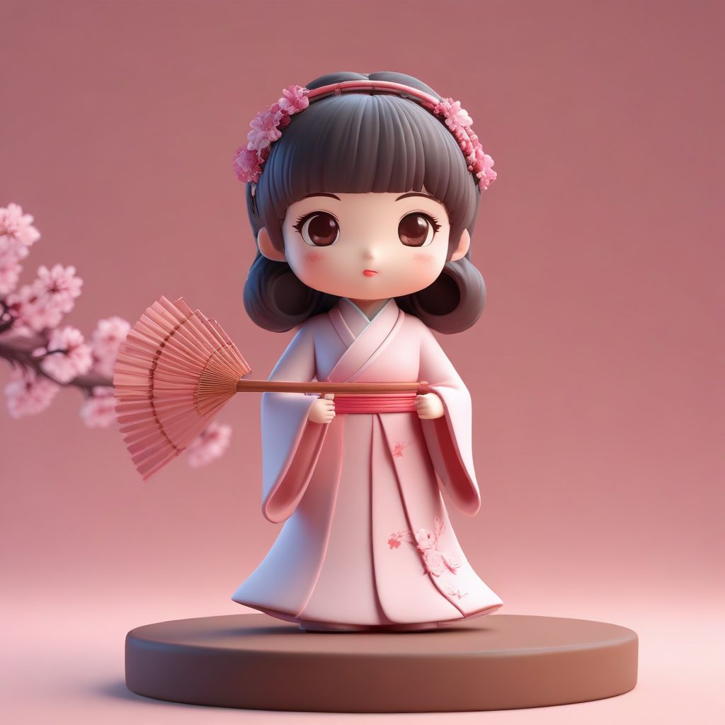 国风Q版：汉服少女与团扇的唯美3D粘土插画