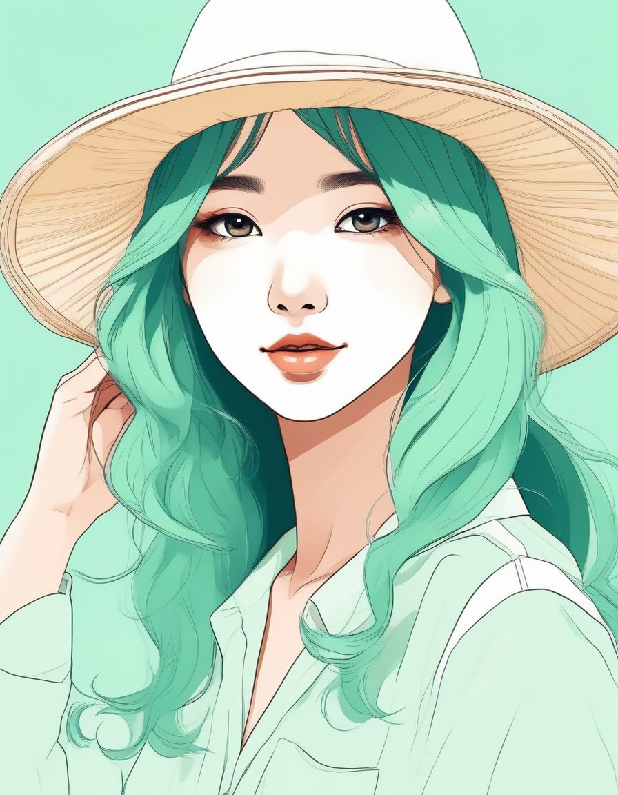 🌊海边度假风少女！日系极简插画，清新薄荷绿低饱和配色