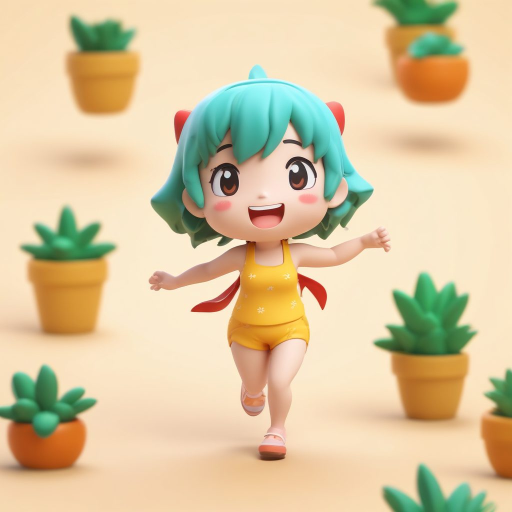 海边度假Q版手办: 动态奔跑姿势与'阳光万岁'的兴奋表情