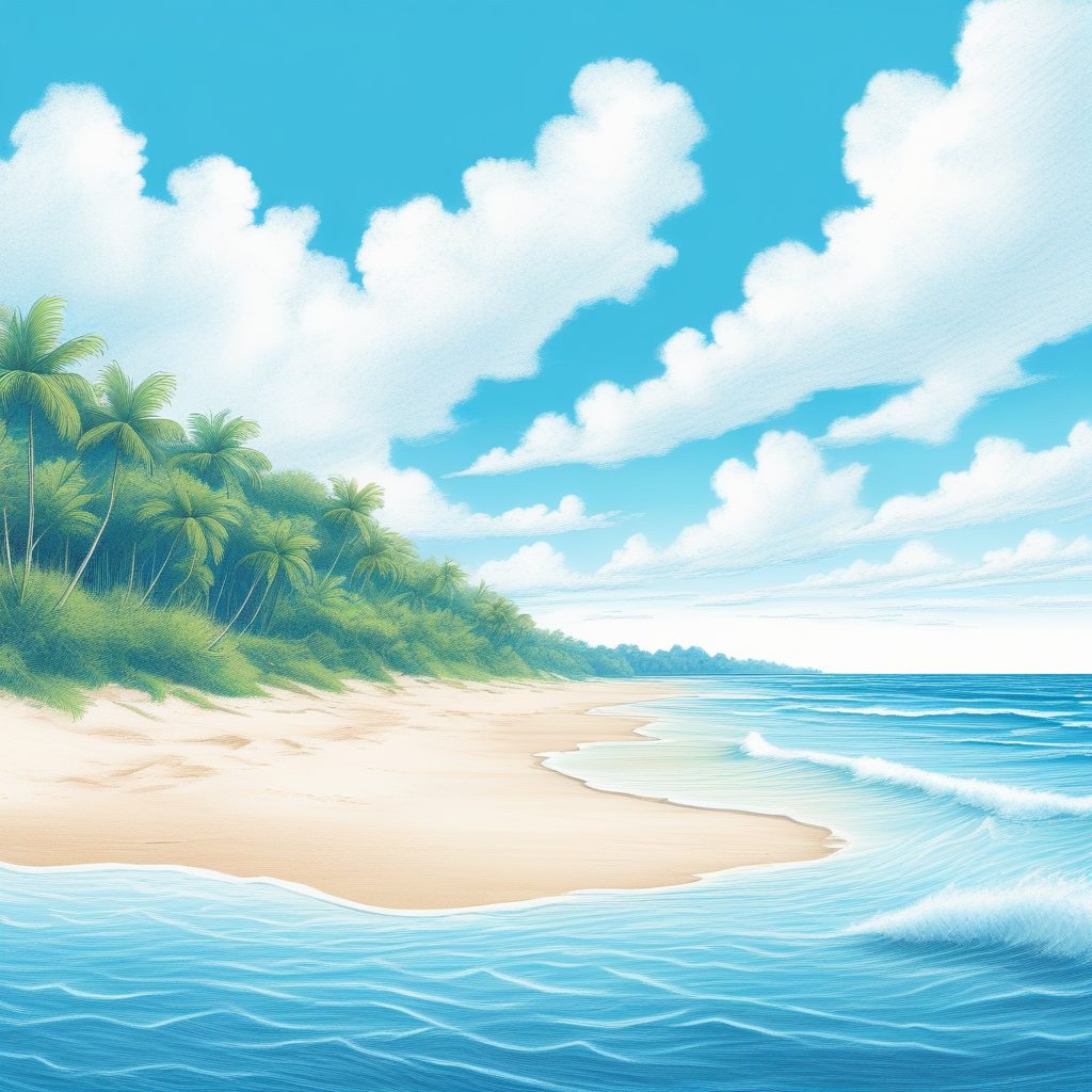 海边旅行限定 | 蓝天白云，彩铅手绘风清新风景插画