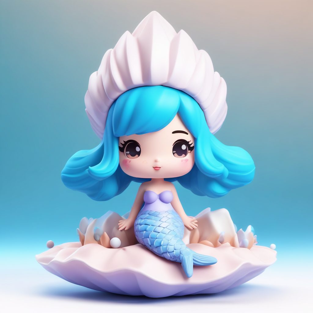 海洋人鱼Q版手办！贝壳光泽3D模型，蓝色治愈系全身像