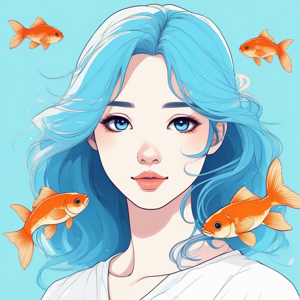 🐟海洋治愈系:极简风少女与金鱼,低饱和水蓝色壁纸