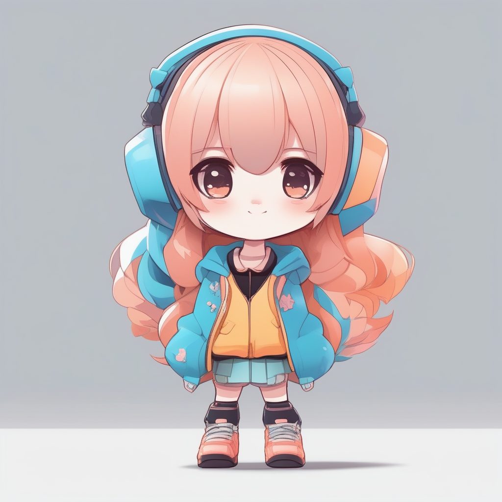 韩流偶像风Q版女孩：时尚简约全身站姿，高饱和度纯色背景