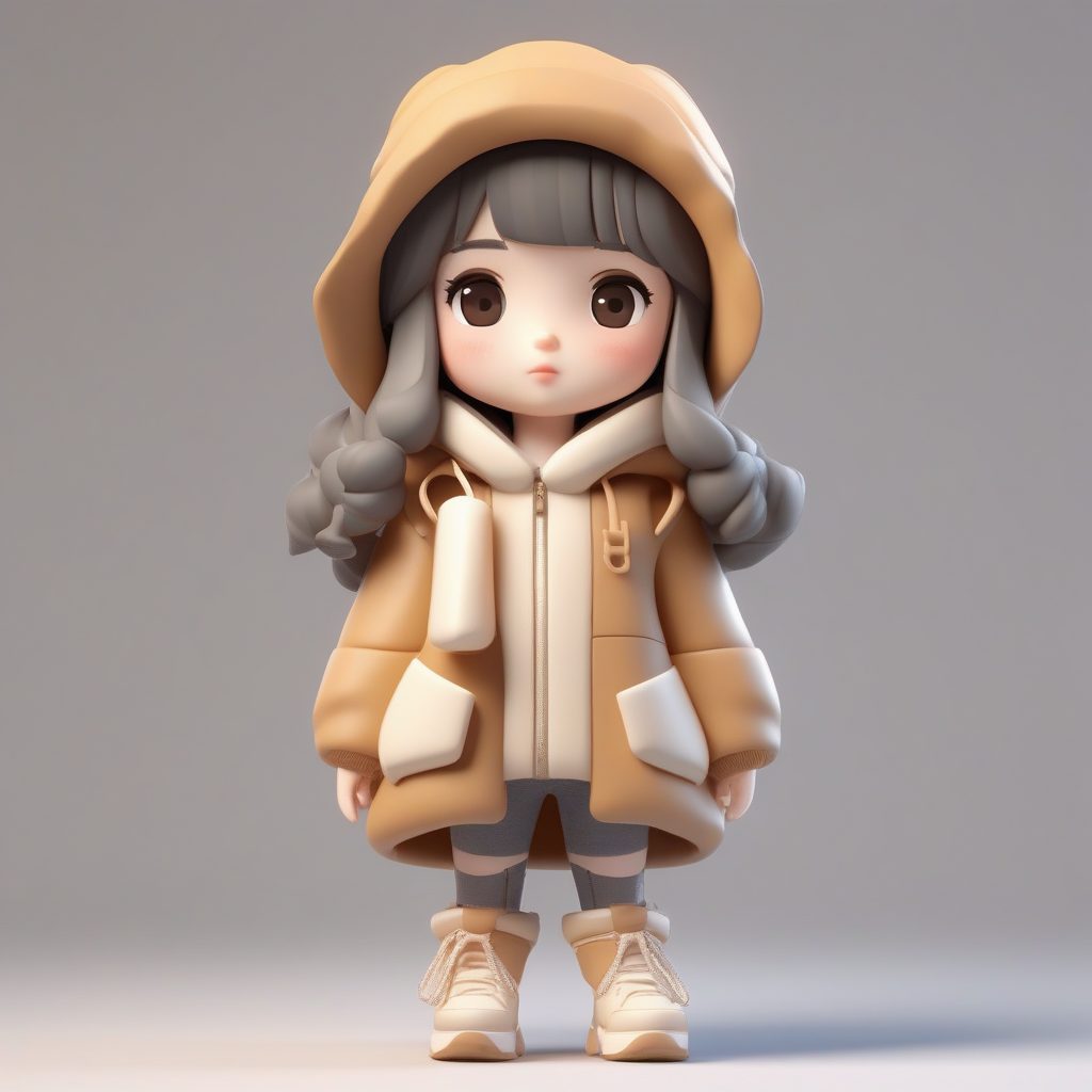 韩系街头叠穿：Q版女孩米白色冬季潮流穿搭3D建模AI提示词（毛绒帽子）