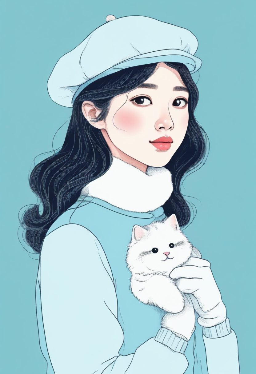 🧤韩系OOTD：极简线稿少女，戴手套的冬日可爱全身照，高级蓝