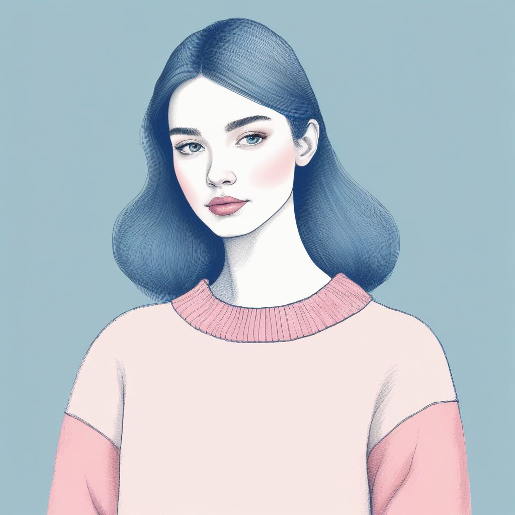 韩系氧气感：粉蓝针织衫极简插画，温柔蜡笔笔触细节