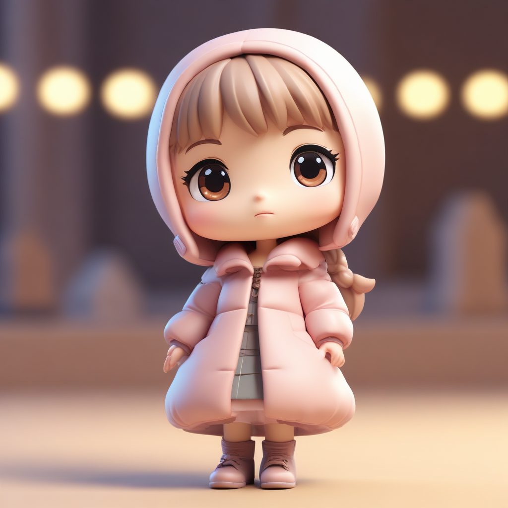 好奇的脚尖动作：长款羽绒裙Q版少女的3D粘土全身图