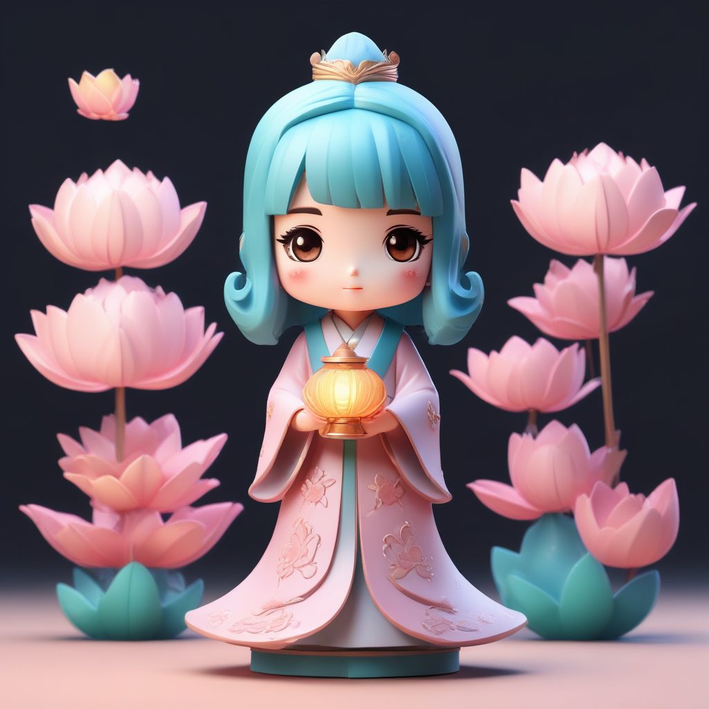 🐟荷塘月色！鱼灯荷花Q版女孩，清雅淡粉配色，3D黏土治愈系头像