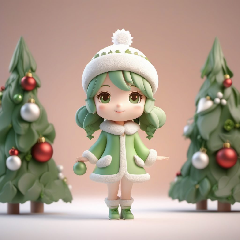 槲寄生浪漫:治愈系Q版圣诞少女全身图,柔和光照与粘土质感