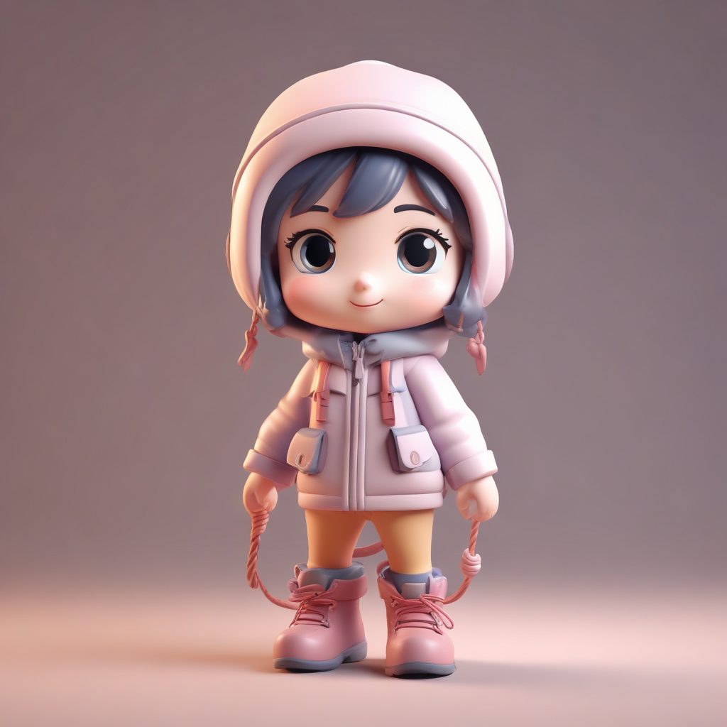 户外探险：Q版女孩攀爬绳索的活力冬装3D提示词