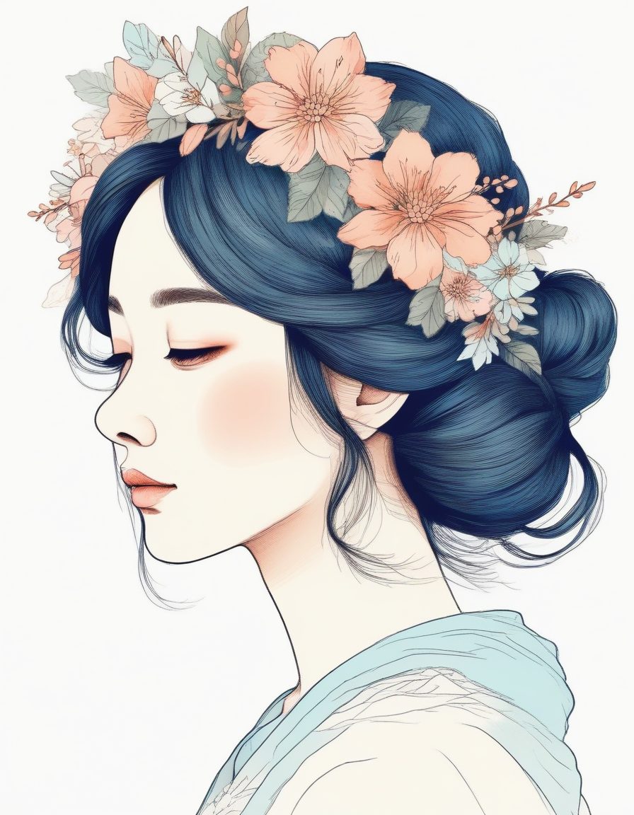 花环少女侧颜:田园治愈系日系线稿肖像纯色背景速出