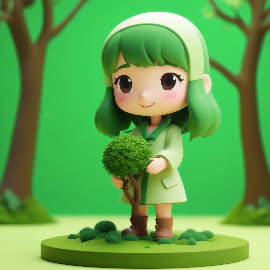 环保主题:Q版人物手捧小树苗的呵护表情 3D渲染