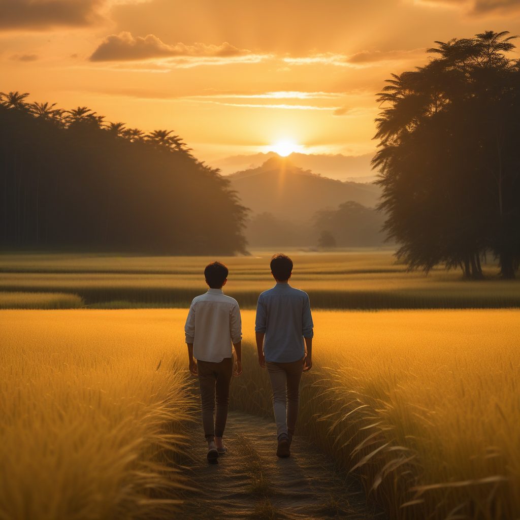 黄昏时分穿过稻田的少年：新海诚式怀旧金色光影提示词