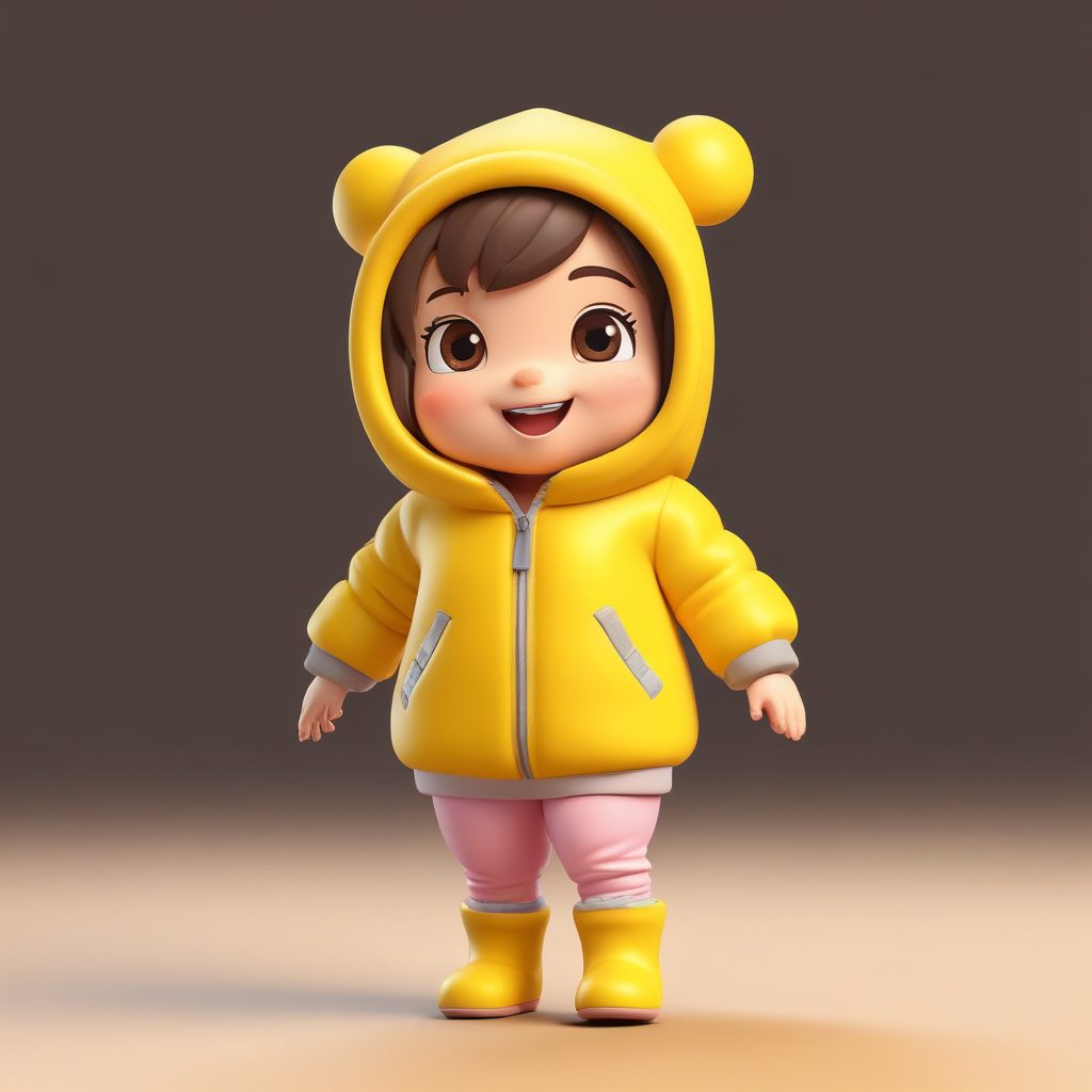 黄色连体雪服Q版少女:兴奋跳跃动作的3D高光渲染