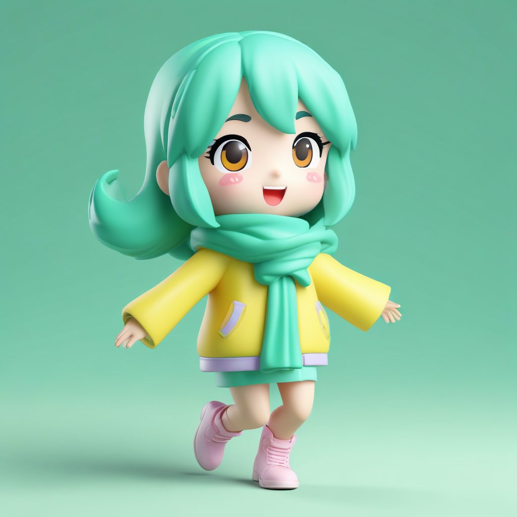 活力跳跃Q版: 戴夸张围巾的女孩在雪中的兴奋瞬间