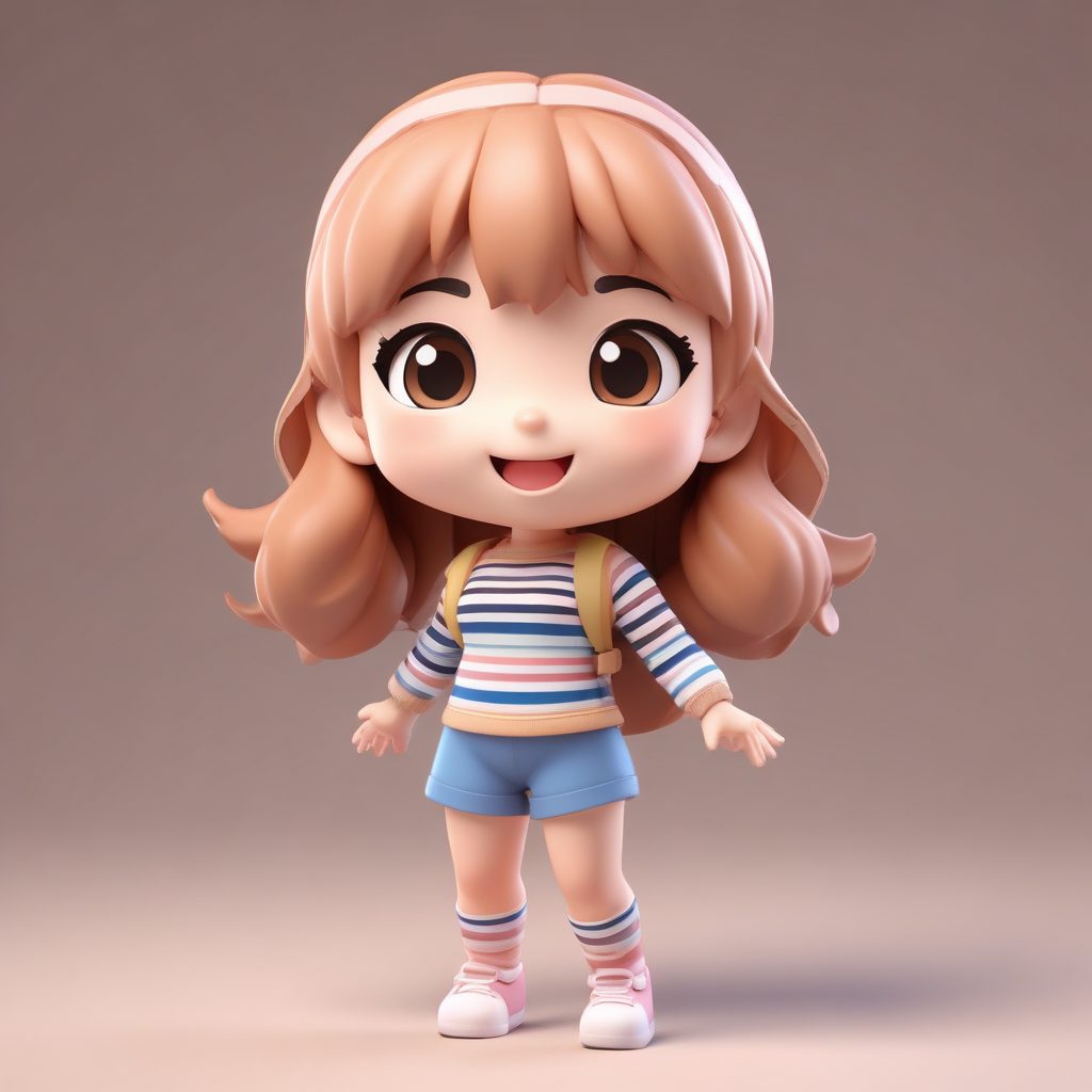 活泼跳跃！条纹高领毛衣Q版少女的3D动态全身渲染