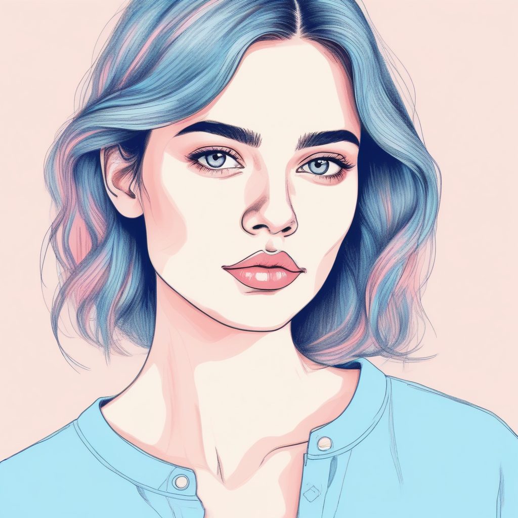 ins风爆款 | 极简线条感粉蓝少女，纯色背景下的治愈系插画，柔和边缘处理！