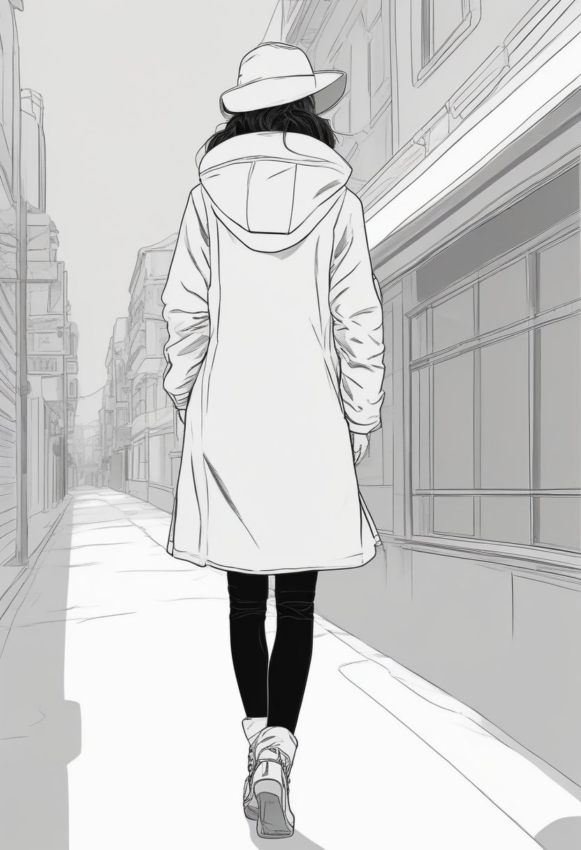 💫 ins风：极简线稿少女背影全身图，纯色背景，高级感冬日穿搭壁纸。