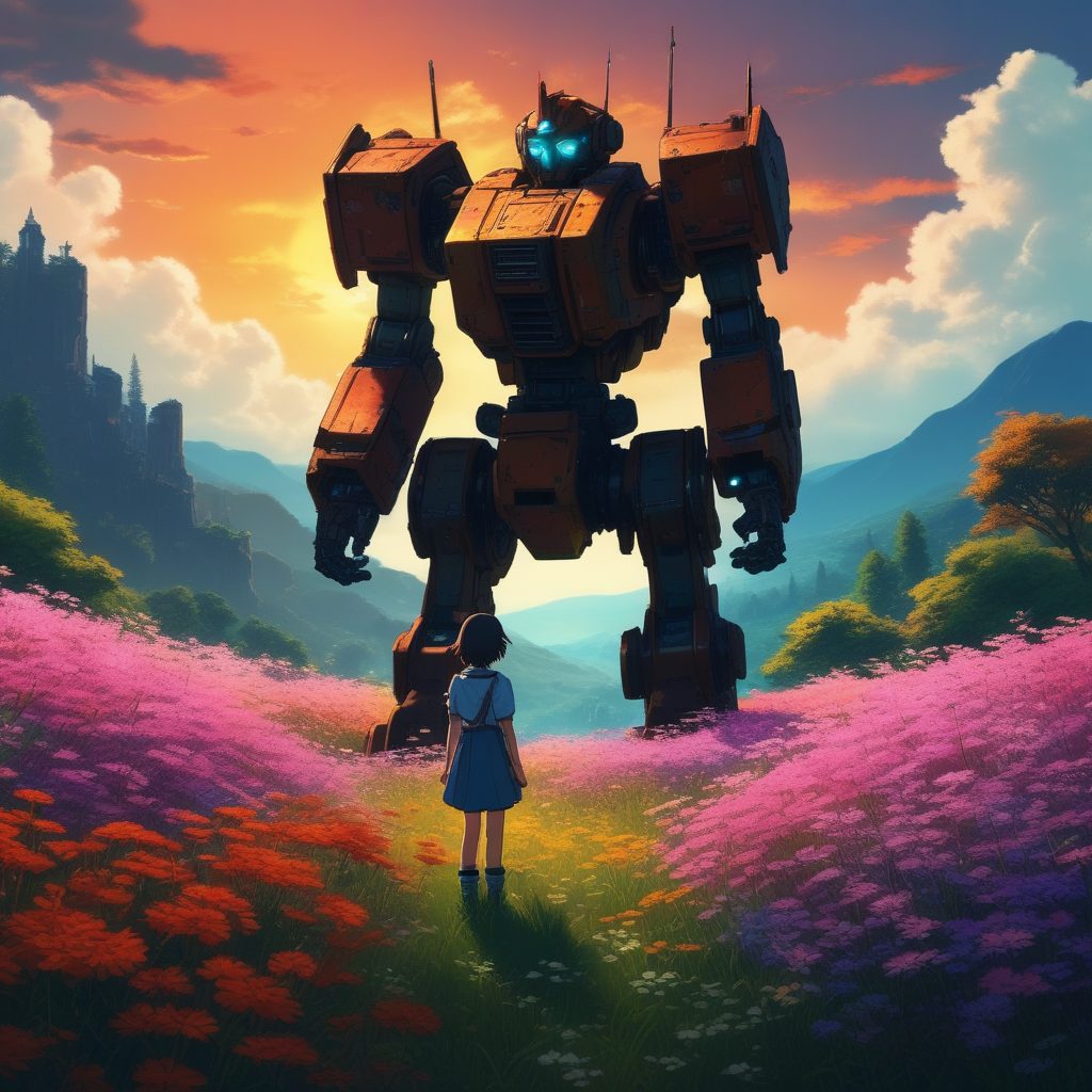🤖机甲与花!高饱和度动漫风,巨大机器人与治愈系少女,冲击力爆棚!