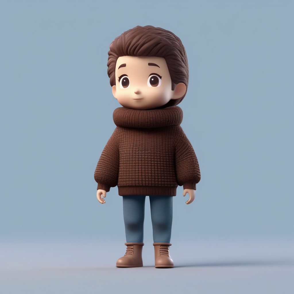 极简纯色背景：高领针织衫Q版人物3D全身站立图生成