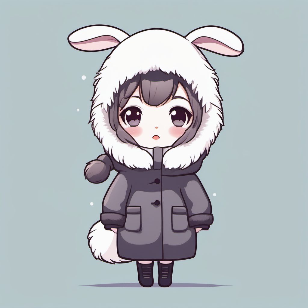 极简纯色背景SD提示词:冬日毛领大衣Q版兔耳娘特写