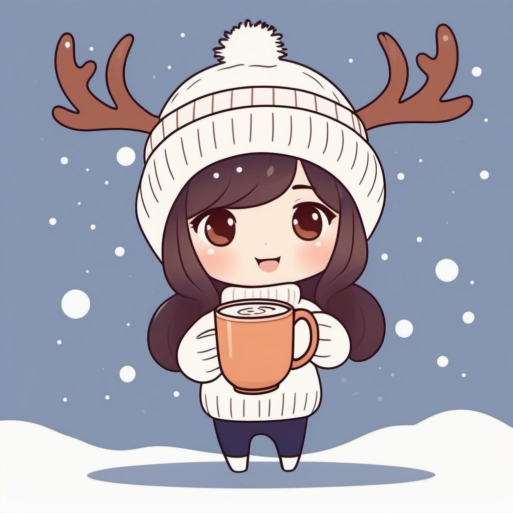 极简冬日卡哇伊Q版女孩：AI绘画纯色背景Prompt生成教程（热可可篇）