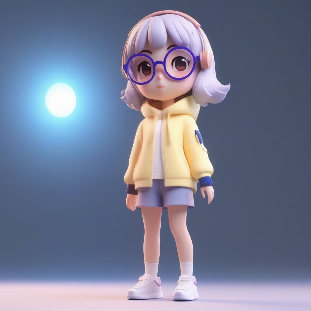极简风AI插画：戴眼镜科技女孩 盲盒手办全身站立照（C4D风格）