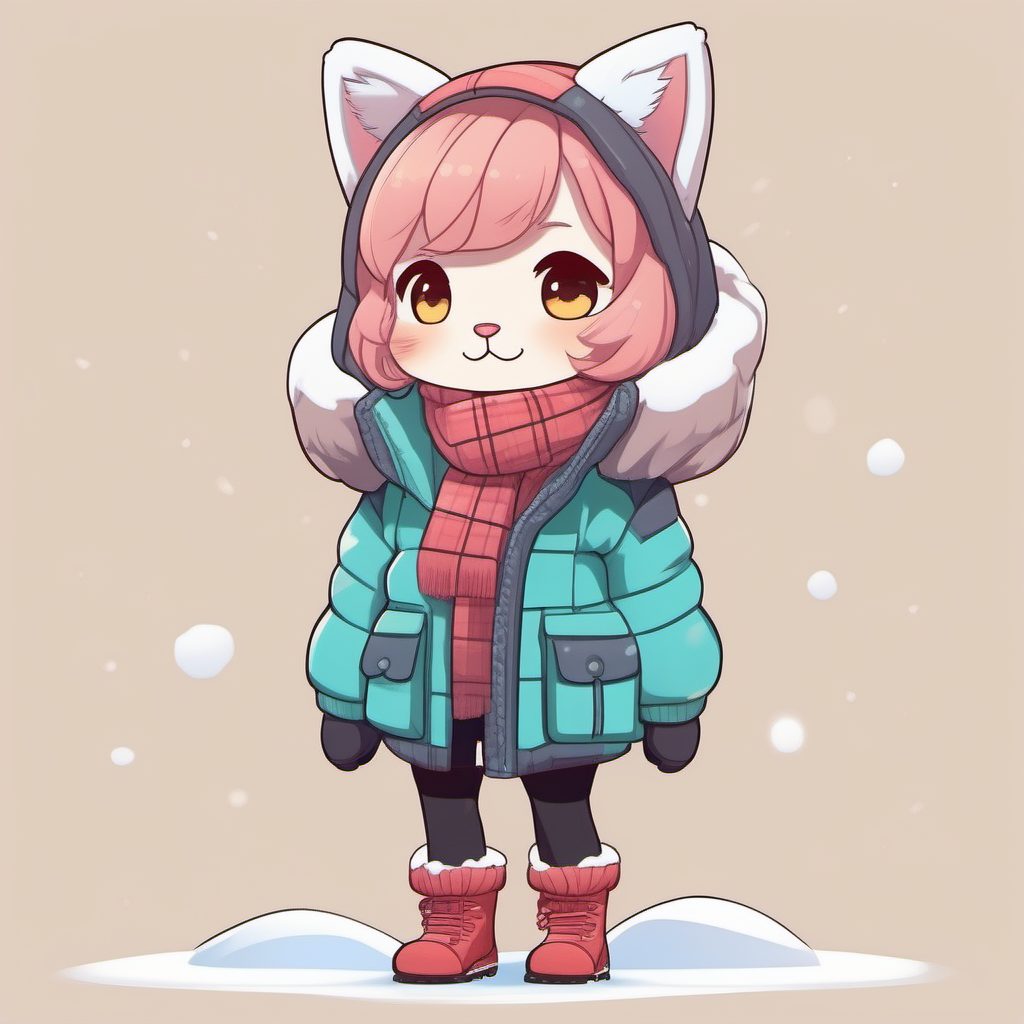 极简风动漫猫娘:时尚羽绒服与雪地靴的冬季街拍提示词