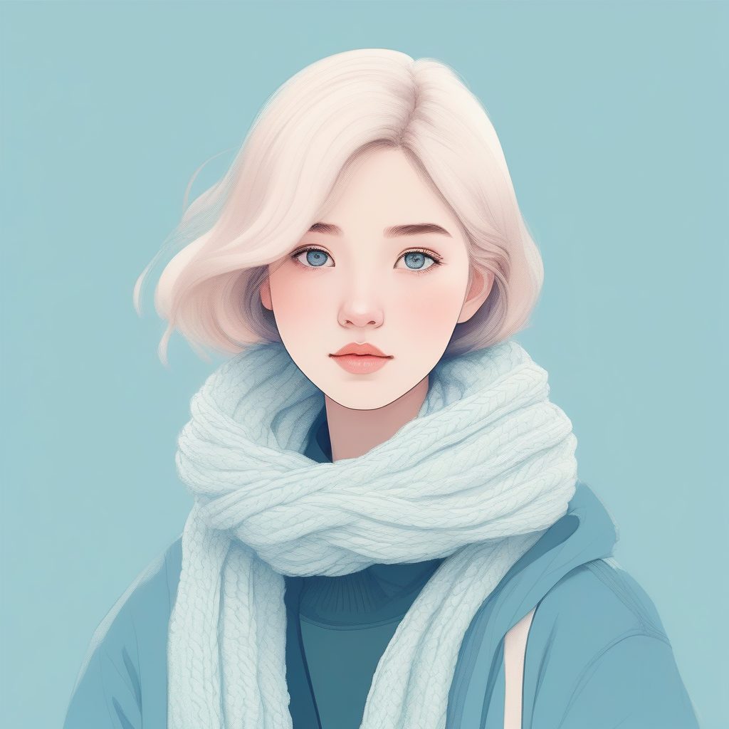 极简风冬日动漫女孩头像:马卡龙色系毛线围巾与低饱和雪景