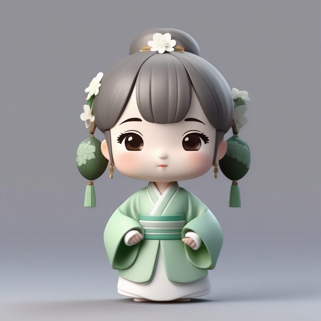 极简风:Q版汉服小女孩全身站立,纯色背景C4D渲染最佳提示词