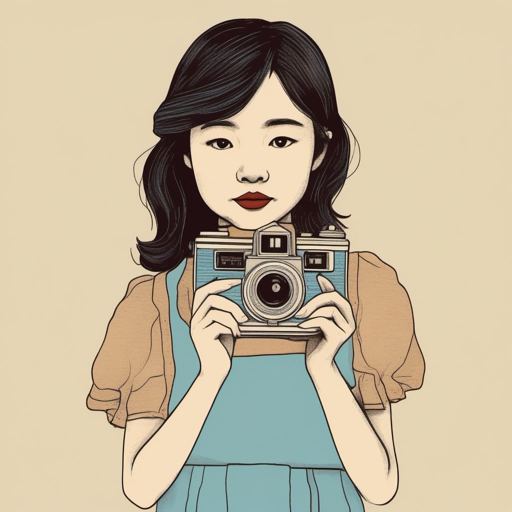 极简复古风:AI生成手持胶片相机的粉蓝系女孩插画