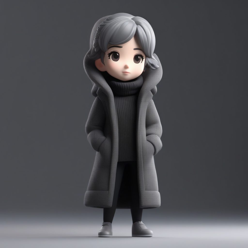 极简高级感:冬日长款大衣Q版人物全身3D渲染提示词