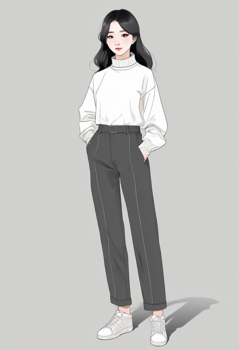 ✨极简高级感！几何线条勾勒韩系少女冬装全身照，纯净系手机壁纸