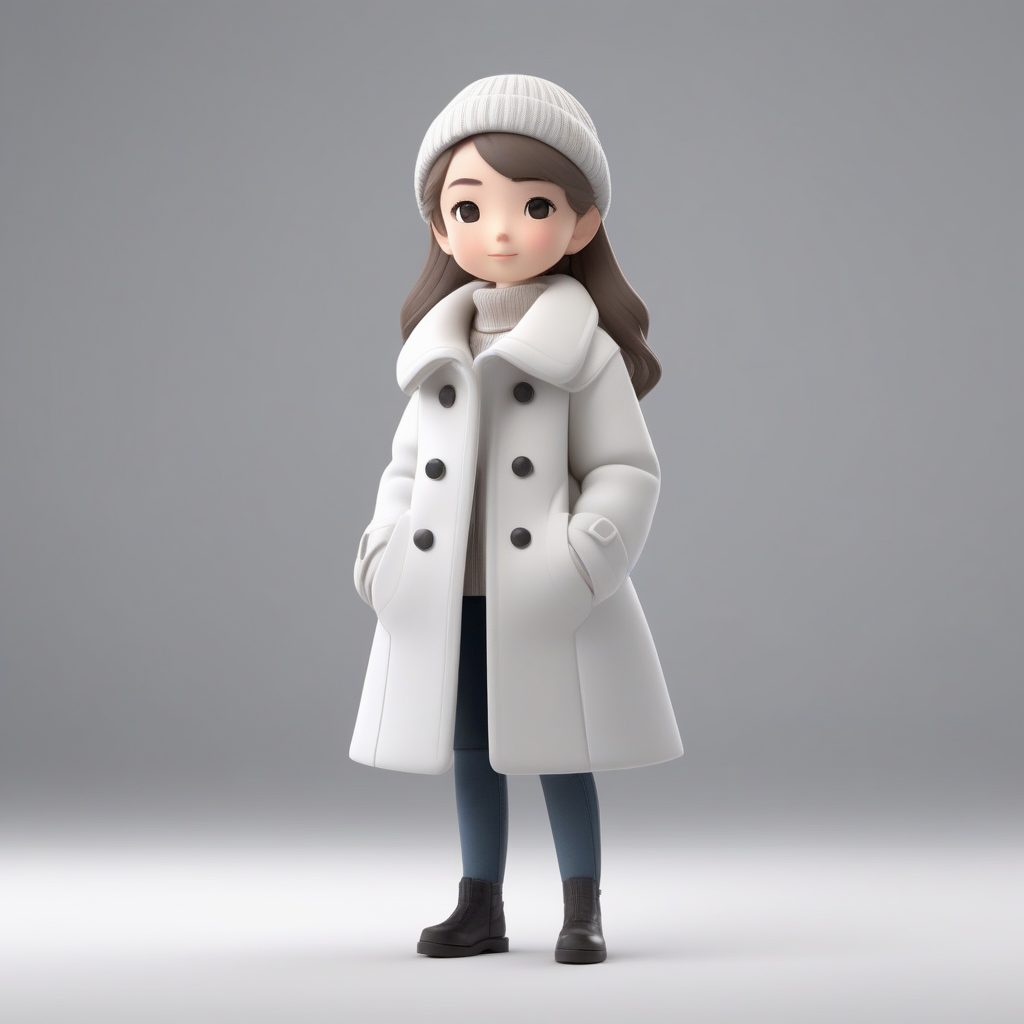 极简高级灰:Q版冬季廓形大衣女孩,3D雕塑感全身像AI提示词
