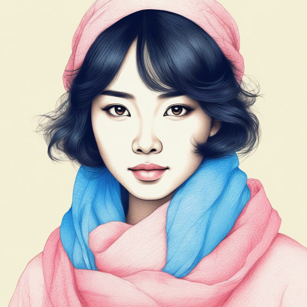极简构图：AI生成半身像日系女孩的粉蓝围巾造型