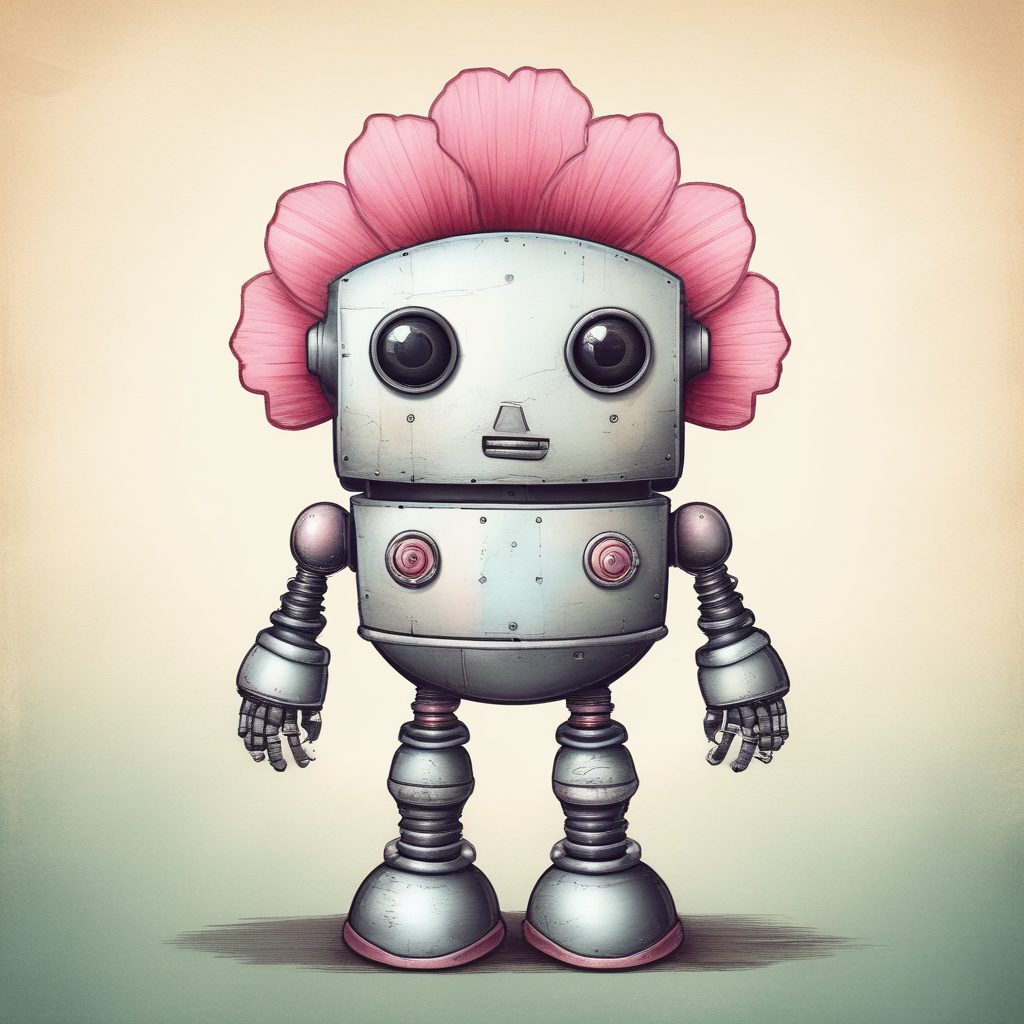 极简机器人:扁平手绘风格插画提示词(治愈系)