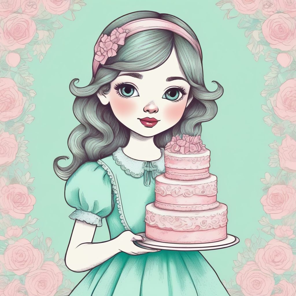 极简美食家:AI绘制手拿精致蛋糕的软萌少女插画