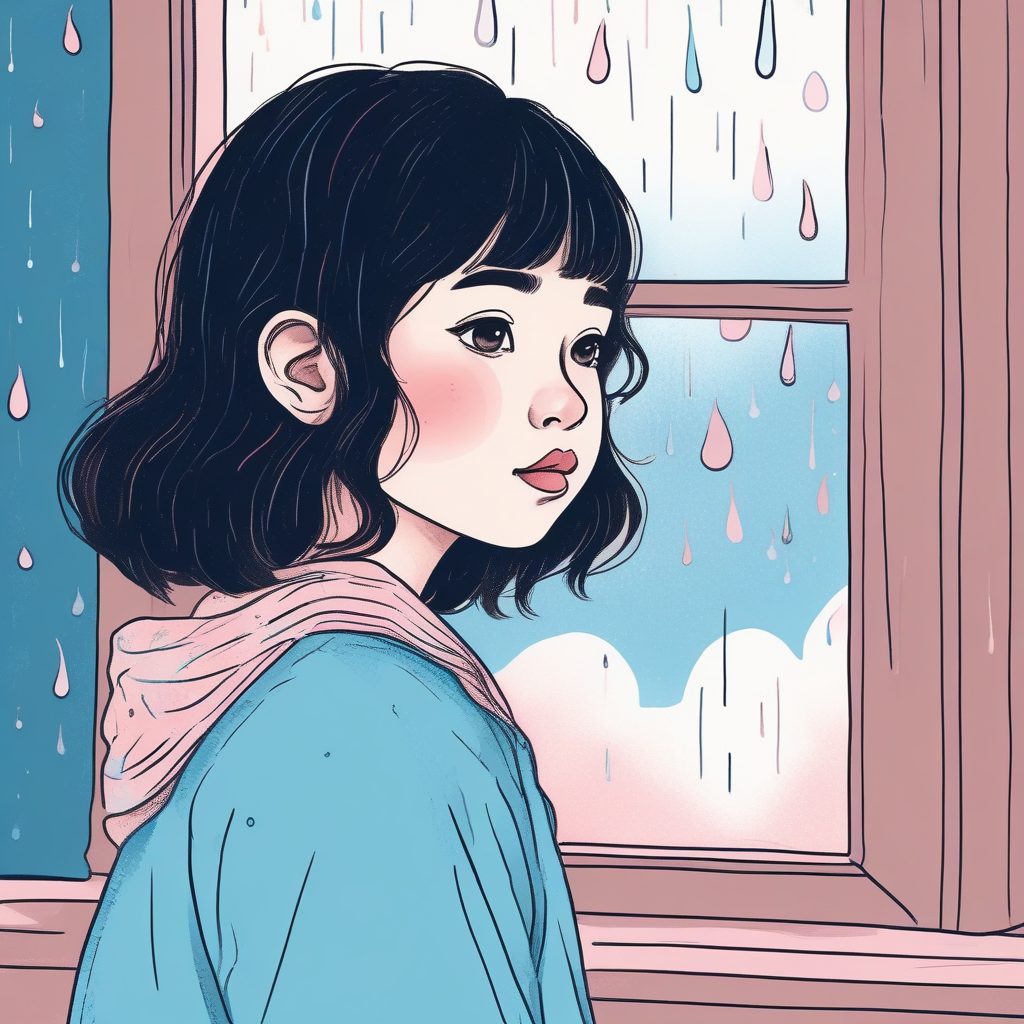 极简美学:软萌日系女孩与雨滴,粉蓝玻璃窗长尾词创作