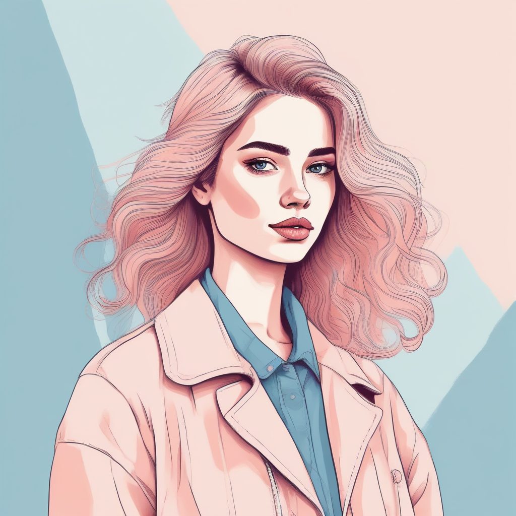 🎨 极简软萌风手绘插画：粉蓝系时尚少女肖像✨